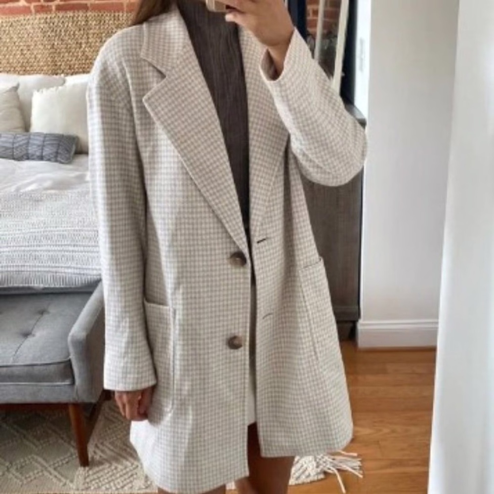 NWT Zara Cream Houndstooth Oversized Coat L